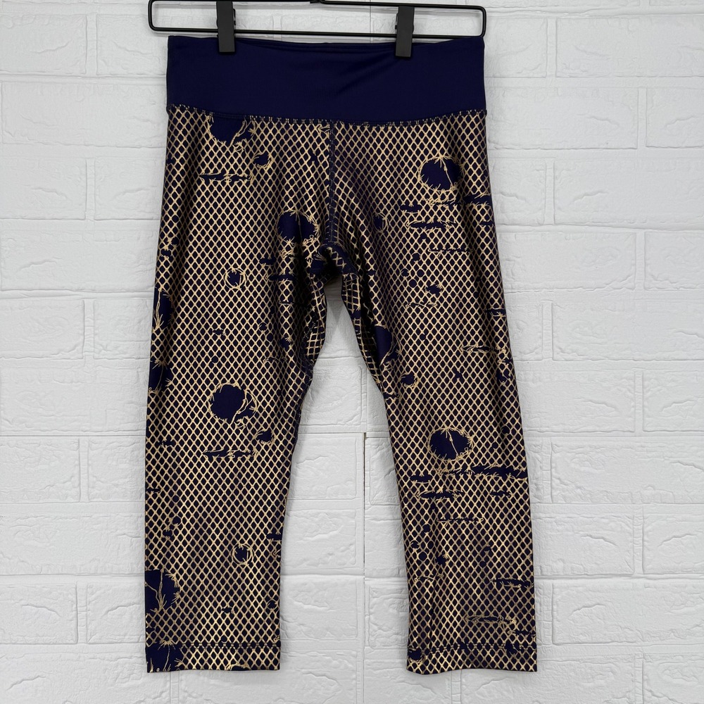 Zumba Leggings Women S Navy Blue Gold Metallic Grid Print Capri Yoga Pants